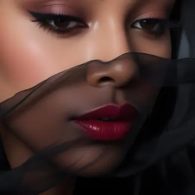 A Close Up Portrait Of A Woman With Dark Skin Full Lips Painted In A Deep Red Lipstick And Long Eyelashes She Is Wearing A Sheer Black Veil Or Scarf That Partially Obscures Her Face Creating A Mysterious And Dra 28 35c9