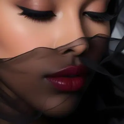 A Close Up Portrait Of A Woman With Dark Skin Full Lips Painted In A Deep Red Lipstick And Long Eyelashes She Is Wearing A Sheer Black Veil Or Scarf That Partially Obscures Her Face Creating A Mysterious And Dra 7 49fe