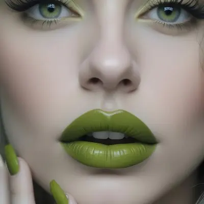 A Close Up Portrait Of A Woman With Green Lips And Long Eyelashes Against A Blurred Background 1 C800