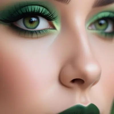 A Close Up Portrait Of A Woman With Green Lips And Long Eyelashes Against A Blurred Background 13 8bba