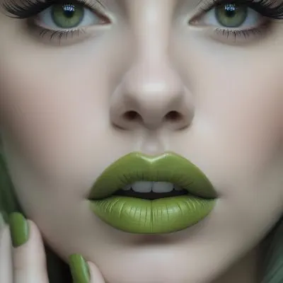 A Close Up Portrait Of A Woman With Green Lips And Long Eyelashes Against A Blurred Background 2 1d09