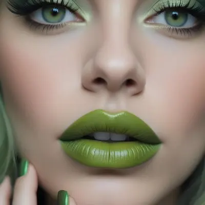A Close Up Portrait Of A Woman With Green Lips And Long Eyelashes Against A Blurred Background 22 C416