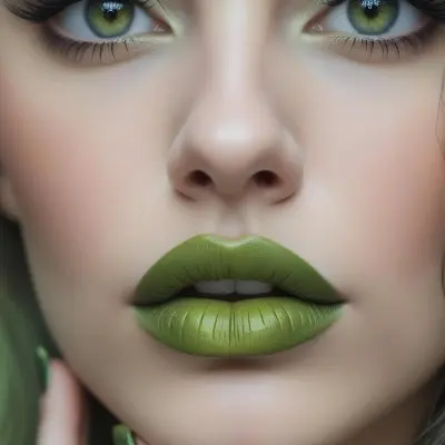 A Close Up Portrait Of A Woman With Green Lips And Long Eyelashes Against A Blurred Background 23 6eb7
