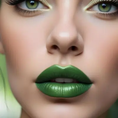 A Close Up Portrait Of A Woman With Green Lips And Long Eyelashes Against A Blurred Background 25 296b