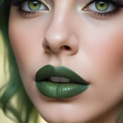 A Close Up Portrait Of A Woman With Green Lips And Long Eyelashes Against A Blurred Background 27 3ba4