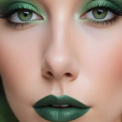 A Close Up Portrait Of A Woman With Green Lips And Long Eyelashes Against A Blurred Background 29 Ef27