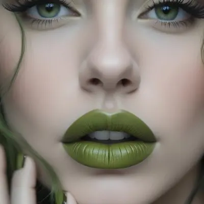 A Close Up Portrait Of A Woman With Green Lips And Long Eyelashes Against A Blurred Background 3 44a3