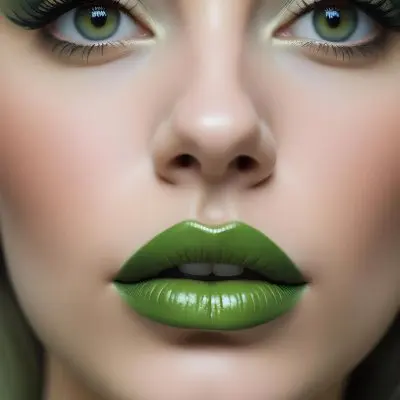 A Close Up Portrait Of A Woman With Green Lips And Long Eyelashes Against A Blurred Background 30 D503