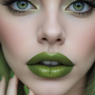 A Close Up Portrait Of A Woman With Green Lips And Long Eyelashes Against A Blurred Background 38 1b0b