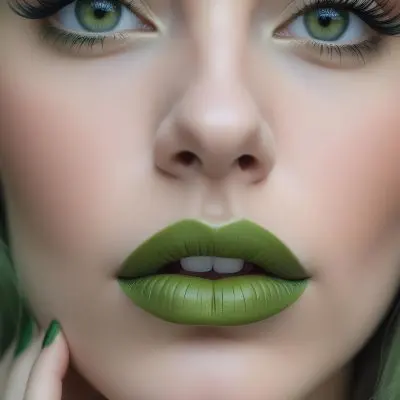 A Close Up Portrait Of A Woman With Green Lips And Long Eyelashes Against A Blurred Background 4 6025