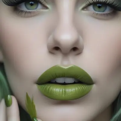 A Close Up Portrait Of A Woman With Green Lips And Long Eyelashes Against A Blurred Background 5 Fea1