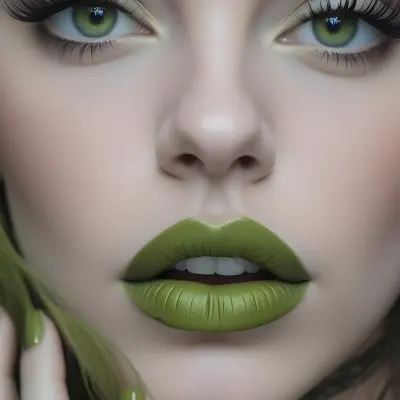 A Close Up Portrait Of A Woman With Green Lips And Long Eyelashes Against A Blurred Background 7 09ba