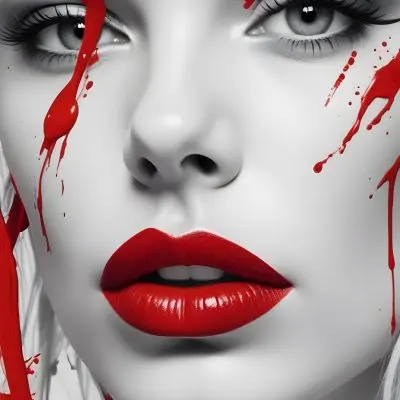 A Close Up Portrait Of A Woman With Striking Red Lips Dramatic Eye Makeup And Red Paint Or Paint Splattered Across Her Face The Image Has A Bold High Contrast Black And White Style With The Red Accents Drawing The Vie 22 023f