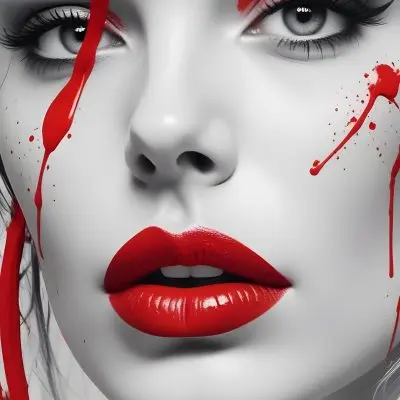 A Close Up Portrait Of A Woman With Striking Red Lips Dramatic Eye Makeup And Red Paint Or Paint Splattered Across Her Face The Image Has A Bold High Contrast Black And White Style With The Red Accents Drawing The Vie 24 E2aa