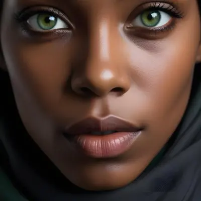 A Close Up Portrait Of A Young African American Woman With Dark Skin Full Lips And Striking Green Eyes She Is Wearing A Black Headscarf And Appears To Be Looking Directly At The Camera With A Serious Expression 11 837a