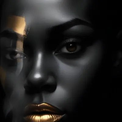 A Close Up Portrait Of A Young African Woman With Dark Skin Full Lips And Intense Eyes The Image Has Dramatic High Contrast Lighting That Creates A Moody Mysterious Atmosphere 1 F15e
