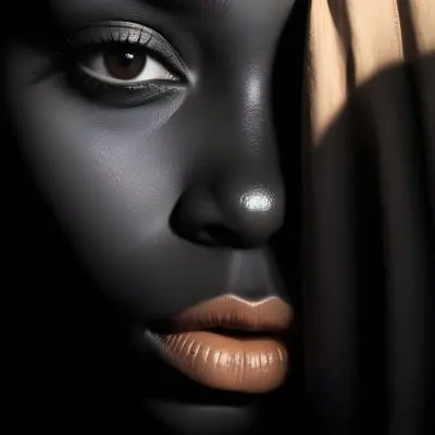 A Close Up Portrait Of A Young African Woman With Dark Skin Full Lips And Intense Eyes The Image Has Dramatic High Contrast Lighting That Creates A Moody Mysterious Atmosphere 28 3bdc