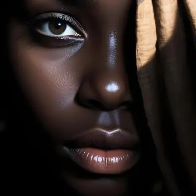 A Close Up Portrait Of A Young African Woman With Dark Skin Full Lips And Intense Eyes The Image Has Dramatic High Contrast Lighting That Creates A Moody Mysterious Atmosphere 40 7d31
