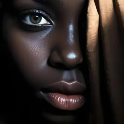 A Close Up Portrait Of A Young African Woman With Dark Skin Full Lips And Intense Eyes The Image Has Dramatic High Contrast Lighting That Creates A Moody Mysterious Atmosphere 41 1fd5