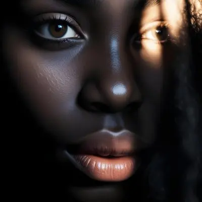 A Close Up Portrait Of A Young African Woman With Dark Skin Full Lips And Intense Eyes The Image Has Dramatic High Contrast Lighting That Creates A Moody Mysterious Atmosphere 43 469e