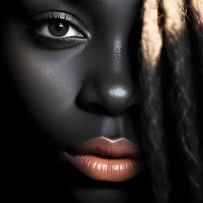 A Close Up Portrait Of A Young African Woman With Dark Skin Full Lips And Intense Eyes The Image Has Dramatic High Contrast Lighting That Creates A Moody Mysterious Atmosphere 44 33b9