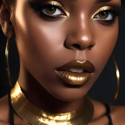 A Close Up Portrait Of A Young Black Woman With Striking Makeup She Has Dark Skin Full Lips Painted In A Metallic Gold Color And Dramatic Eye Makeup With Dark Eyeliner And Eyeshadow The Lighting Creates Dram 11 Abcb
