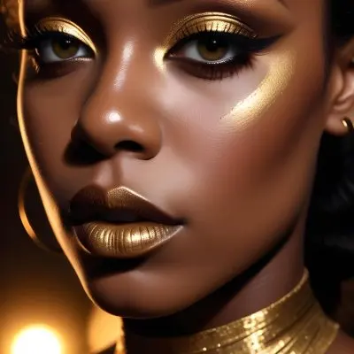 A Close Up Portrait Of A Young Black Woman With Striking Makeup She Has Dark Skin Full Lips Painted In A Metallic Gold Color And Dramatic Eye Makeup With Dark Eyeliner And Eyeshadow The Lighting Creates Dram 13 F6b4