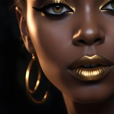 A Close Up Portrait Of A Young Black Woman With Striking Makeup She Has Dark Skin Full Lips Painted In A Metallic Gold Color And Dramatic Eye Makeup With Dark Eyeliner And Eyeshadow The Lighting Creates Dram 15 2878