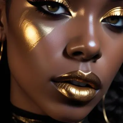 A Close Up Portrait Of A Young Black Woman With Striking Makeup She Has Dark Skin Full Lips Painted In A Metallic Gold Color And Dramatic Eye Makeup With Dark Eyeliner And Eyeshadow The Lighting Creates Dram 17 9ce6