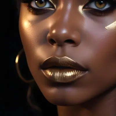 A Close Up Portrait Of A Young Black Woman With Striking Makeup She Has Dark Skin Full Lips Painted In A Metallic Gold Color And Dramatic Eye Makeup With Dark Eyeliner And Eyeshadow The Lighting Creates Dram 20 87a7