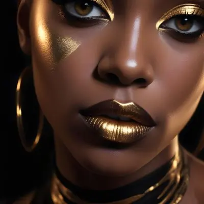 A Close Up Portrait Of A Young Black Woman With Striking Makeup She Has Dark Skin Full Lips Painted In A Metallic Gold Color And Dramatic Eye Makeup With Dark Eyeliner And Eyeshadow The Lighting Creates Dram 23 7f2d