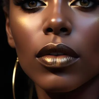 A Close Up Portrait Of A Young Black Woman With Striking Makeup She Has Dark Skin Full Lips Painted In A Metallic Gold Color And Dramatic Eye Makeup With Dark Eyeliner And Eyeshadow The Lighting Creates Dram 24 8aaf