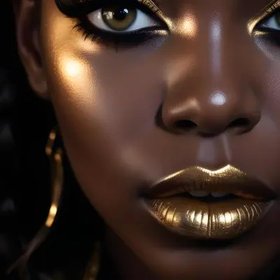 A Close Up Portrait Of A Young Black Woman With Striking Makeup She Has Dark Skin Full Lips Painted In A Metallic Gold Color And Dramatic Eye Makeup With Dark Eyeliner And Eyeshadow The Lighting Creates Dram 26 4142