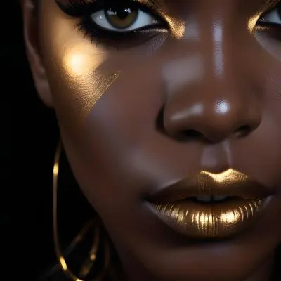 A Close Up Portrait Of A Young Black Woman With Striking Makeup She Has Dark Skin Full Lips Painted In A Metallic Gold Color And Dramatic Eye Makeup With Dark Eyeliner And Eyeshadow The Lighting Creates Dram 28 B8f6