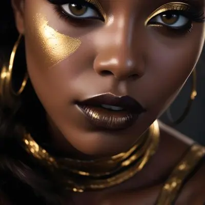 A Close Up Portrait Of A Young Black Woman With Striking Makeup She Has Dark Skin Full Lips Painted In A Metallic Gold Color And Dramatic Eye Makeup With Dark Eyeliner And Eyeshadow The Lighting Creates Dram 29 F915