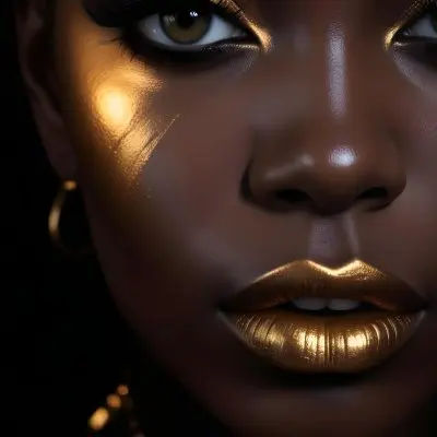 A Close Up Portrait Of A Young Black Woman With Striking Makeup She Has Dark Skin Full Lips Painted In A Metallic Gold Color And Dramatic Eye Makeup With Dark Eyeliner And Eyeshadow The Lighting Creates Dram 32 7828