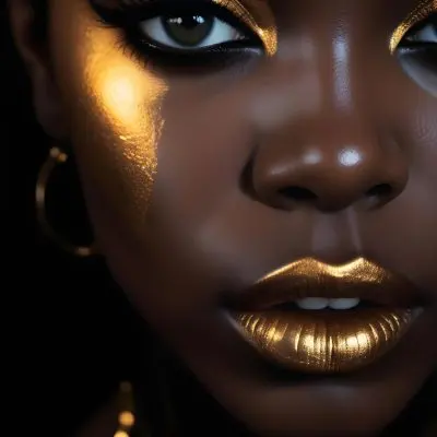 A Close Up Portrait Of A Young Black Woman With Striking Makeup She Has Dark Skin Full Lips Painted In A Metallic Gold Color And Dramatic Eye Makeup With Dark Eyeliner And Eyeshadow The Lighting Creates Dram 35 E0cc