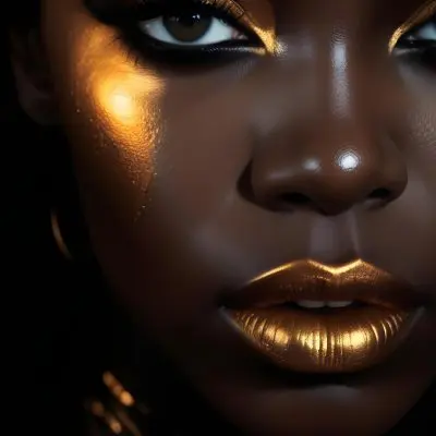 A Close Up Portrait Of A Young Black Woman With Striking Makeup She Has Dark Skin Full Lips Painted In A Metallic Gold Color And Dramatic Eye Makeup With Dark Eyeliner And Eyeshadow The Lighting Creates Dram 36 7a9a