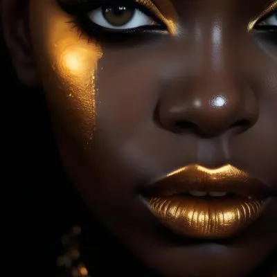 A Close Up Portrait Of A Young Black Woman With Striking Makeup She Has Dark Skin Full Lips Painted In A Metallic Gold Color And Dramatic Eye Makeup With Dark Eyeliner And Eyeshadow The Lighting Creates Dram 37 61de