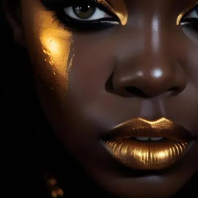 A Close Up Portrait Of A Young Black Woman With Striking Makeup She Has Dark Skin Full Lips Painted In A Metallic Gold Color And Dramatic Eye Makeup With Dark Eyeliner And Eyeshadow The Lighting Creates Dram 38 53e8