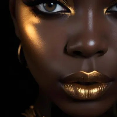 A Close Up Portrait Of A Young Black Woman With Striking Makeup She Has Dark Skin Full Lips Painted In A Metallic Gold Color And Dramatic Eye Makeup With Dark Eyeliner And Eyeshadow The Lighting Creates Dram 7 D94c