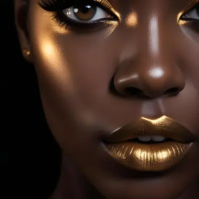 A Close Up Portrait Of A Young Black Woman With Striking Makeup She Has Dark Skin Full Lips Painted In A Metallic Gold Color And Dramatic Eye Makeup With Dark Eyeliner And Eyeshadow The Lighting Creates Dram 9 0786