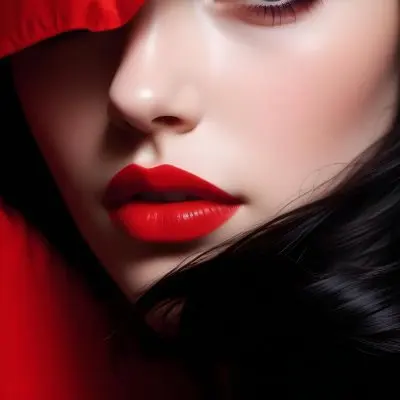 A Close Up Portrait Of A Young Caucasian Woman With Bright Red Lipstick Dark Eye Makeup And Long Black Hair Covering Part Of Her Face Against A Red Background 10 28de