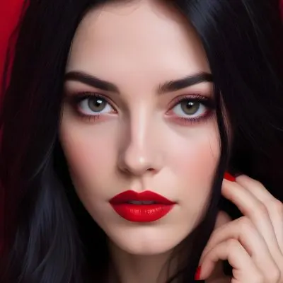 A Close Up Portrait Of A Young Caucasian Woman With Bright Red Lipstick Dark Eye Makeup And Long Black Hair Covering Part Of Her Face Against A Red Background 11 5e8b