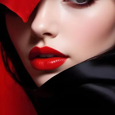 A Close Up Portrait Of A Young Caucasian Woman With Bright Red Lipstick Dark Eye Makeup And Long Black Hair Covering Part Of Her Face Against A Red Background 13 9bb6
