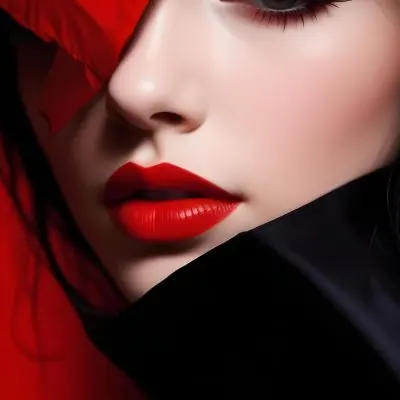 A Close Up Portrait Of A Young Caucasian Woman With Bright Red Lipstick Dark Eye Makeup And Long Black Hair Covering Part Of Her Face Against A Red Background 16 02a8