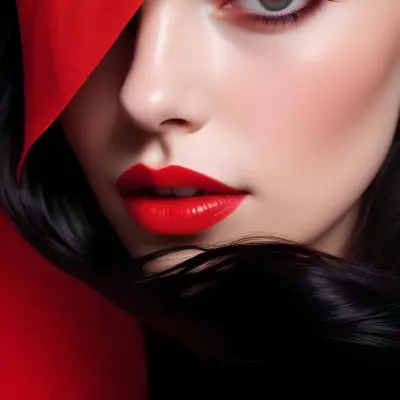 A Close Up Portrait Of A Young Caucasian Woman With Bright Red Lipstick Dark Eye Makeup And Long Black Hair Covering Part Of Her Face Against A Red Background 3 A6ab