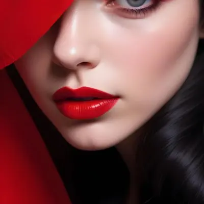 A Close Up Portrait Of A Young Caucasian Woman With Bright Red Lipstick Dark Eye Makeup And Long Black Hair Covering Part Of Her Face Against A Red Background 4