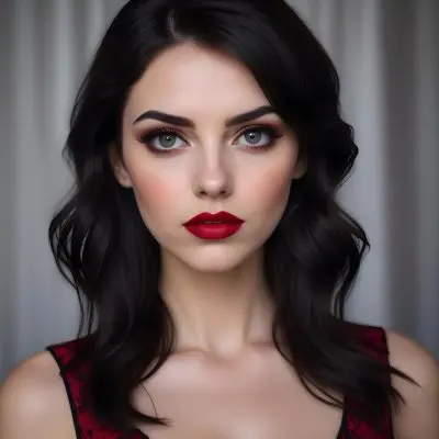 A Close Up Portrait Of A Young Caucasian Woman With Dark Hair And Bold Makeup Including Red Lipstick She Has A Serious Expression On Her Face And Is Looking Directly At The Camera 10 0b70