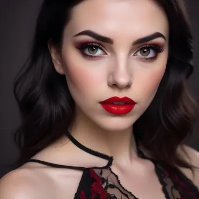 A Close Up Portrait Of A Young Caucasian Woman With Dark Hair And Bold Makeup Including Red Lipstick She Has A Serious Expression On Her Face And Is Looking Directly At The Camera 8 B521
